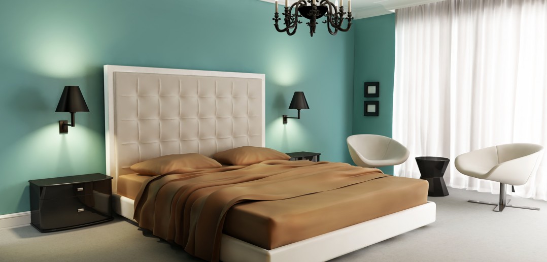 Chic luxury hotel green, orange, bedroom, with chandelier